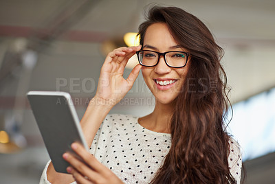 Buy stock photo Tablet, office and portrait of business Asian woman for online research, website and internet. Professional, creative startup and person on digital tech for networking, typing email and communication