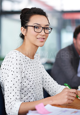 Buy stock photo Happy, portrait and creative woman at desk in office planning with notes for project or report. Professional, employee and person with productivity, writing process or work on development of idea