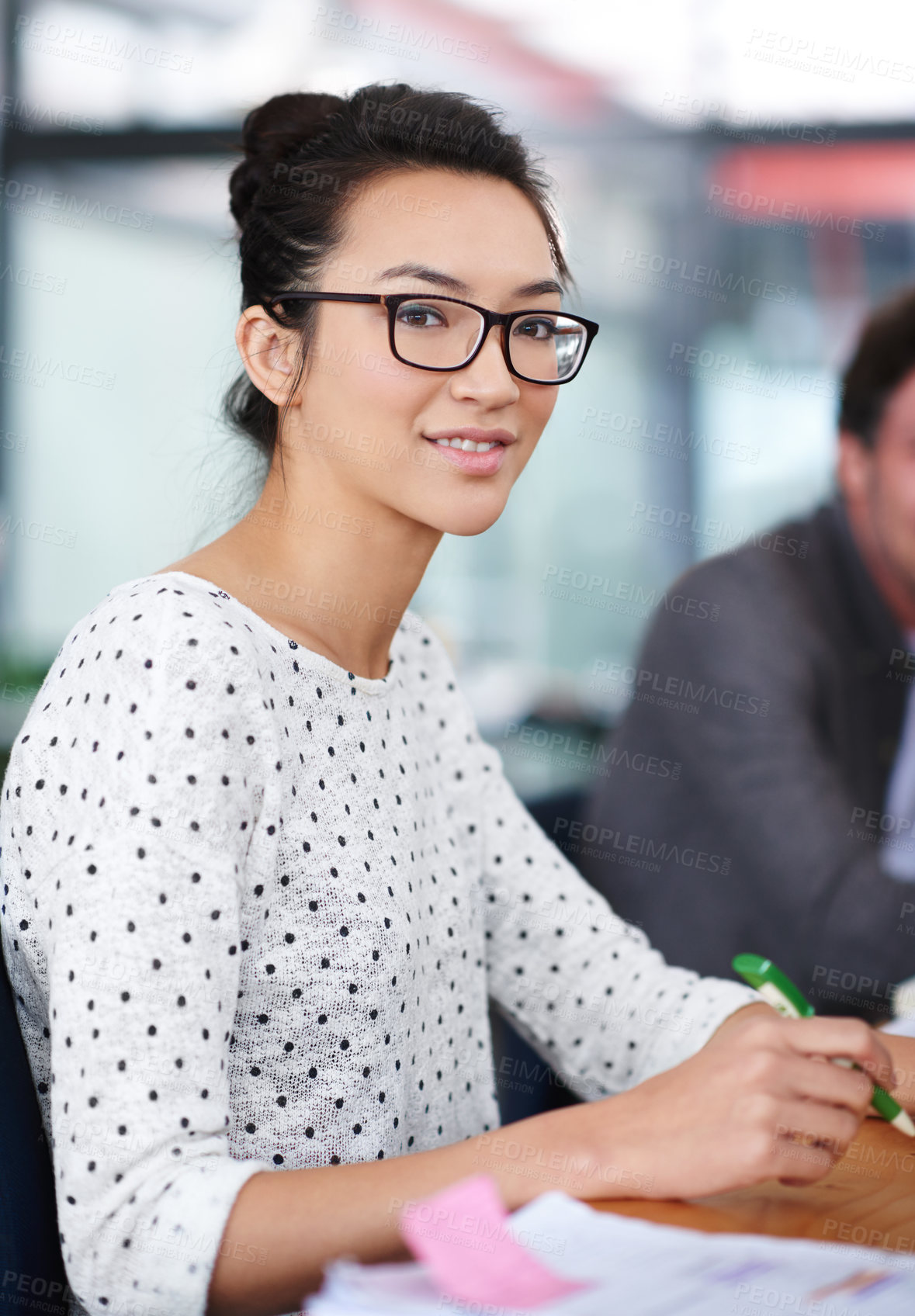 Buy stock photo Happy, portrait and creative woman at desk in office planning with notes for project or report. Professional, employee and person with productivity, writing process or work on development of idea