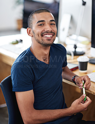 Buy stock photo Web designer, employee and portrait of confident man at desk in coworking office for creating, plans and schedules. Young professional, computers and technology for online web development career. 