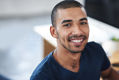 Buy stock photo Happy, startup and portrait of business man for career opportunity, job and working in office. Professional, creative company and person at desk with confidence, pride and smile for design agency