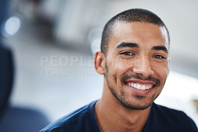 Buy stock photo Smile, office and portrait of business black man for startup career, job and working in workplace. Professional, creative company and face of person with confidence, pride and happy for internship