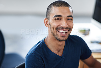 Buy stock photo Happy, laugh and portrait of business black man for startup career, job and working in office. Professional, creative company and confident person at desk for media, publishing and design agency