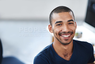 Buy stock photo Happy, office and portrait of business black man for startup career, job opportunity and working. Professional, creative company and person at desk with confidence, pride and smile for design agency