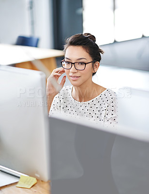 Buy stock photo Thinking, computer and business woman in office for research, website and designer. Focus, entrepreneur and creative with female employee in digital agency for technology, professional and startup