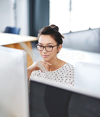 Buy stock photo Computer, online and business woman in office for research, website and designer. Thinking, entrepreneur and creative with female employee in digital agency for technology, professional and startup