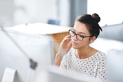 Buy stock photo Focus, online and business woman in office for research, website and designer. Thinking, entrepreneur and creative with female employee in digital agency for technology, professional and startup