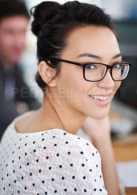 Buy stock photo Portrait, happy and business woman in creative office of startup company for coworking, job and career. Face, smile and professional entrepreneur with glasses, designer and employee in workplace