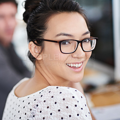 Buy stock photo Portrait, happy and business woman in office of creative startup company for coworking, job and career. Face, smile and professional entrepreneur with glasses, designer and employee in workplace