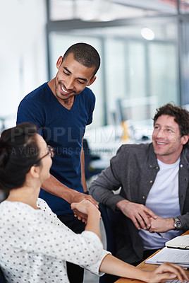 Buy stock photo Business people, congratulations and shaking hands in office for success, announcement and news of promotion or good job. Leader and employees handshake for collaboration or thank you at tech company