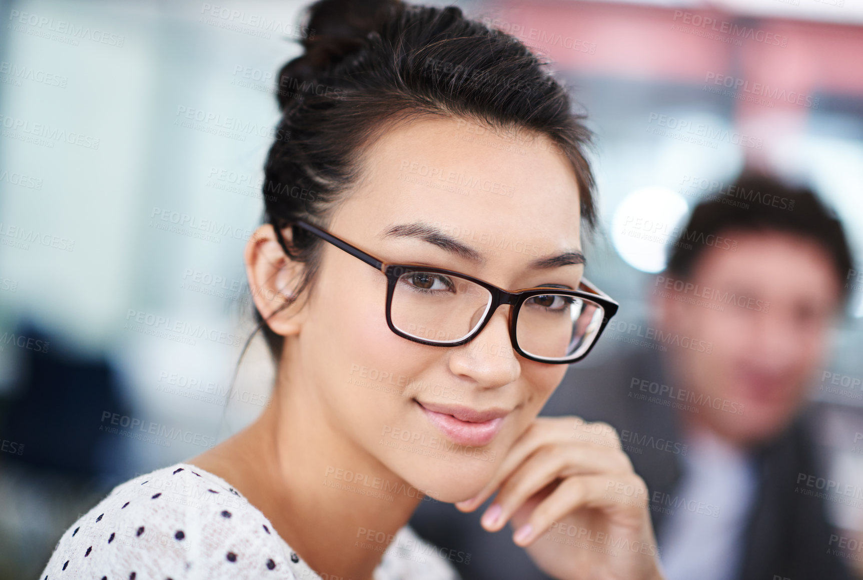 Buy stock photo Portrait, glasses and business woman in creative office of startup company for coworking, job and career. Face, confidence and happy professional entrepreneur, designer and employee in workplace