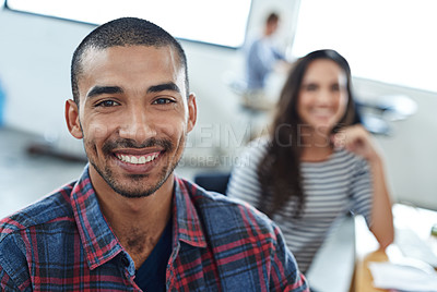 Buy stock photo Happy, office and portrait of man coworking with team on creative project in Brazil company. Excited, employee and person with a smile for productivity on collaboration in workplace with teamwork