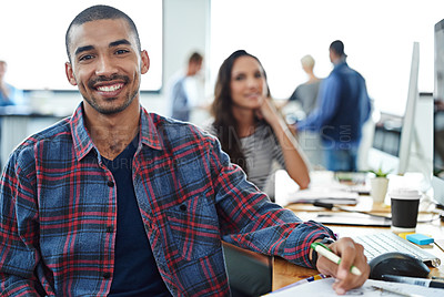Buy stock photo Happy, coworking and portrait of man in office with team for creative project notes in Brazil company. Excited, employee and person with smile for productivity on collaboration or planning teamwork