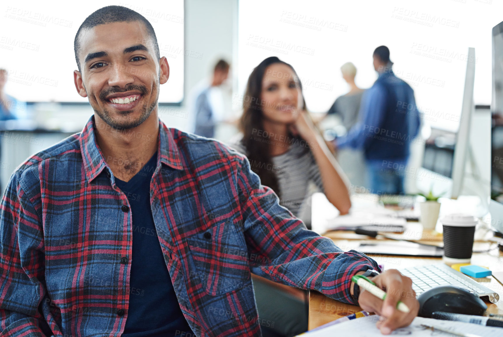 Buy stock photo Happy, coworking and portrait of man in office with team for creative project notes in Brazil company. Excited, employee and person with smile for productivity on collaboration or planning teamwork