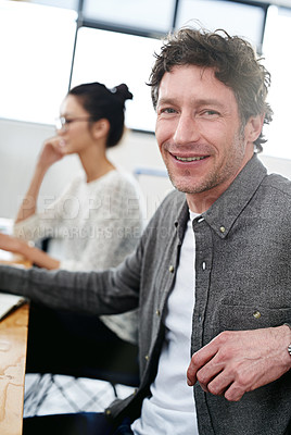 Buy stock photo Happy, office and portrait of man coworking with team on creative project in London company. Excited, employee and person with a smile for productivity on collaboration in workplace with teamwork