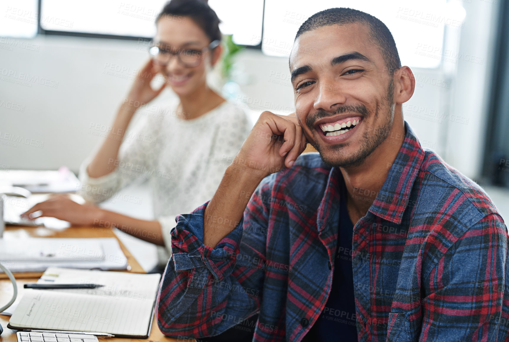 Buy stock photo Happy, office and portrait of man coworking with team on creative project in Brazil company. Funny, employee and person with a smile for productivity on collaboration in workplace with cooperation