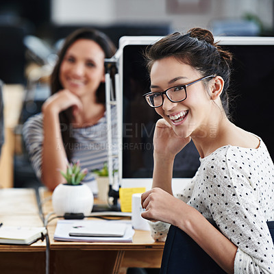Buy stock photo Happy, office and portrait of woman coworking with team on creative project in Brazil company. Excited, employee and person with a smile for productivity on collaboration in workplace with teamwork
