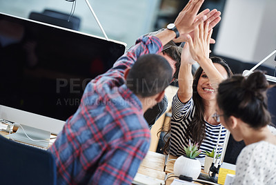 Buy stock photo Business people, teamwork and high five for success and goals with computer for startup tech company. Happy employees or group with hands together for achievement, support and news or celebration