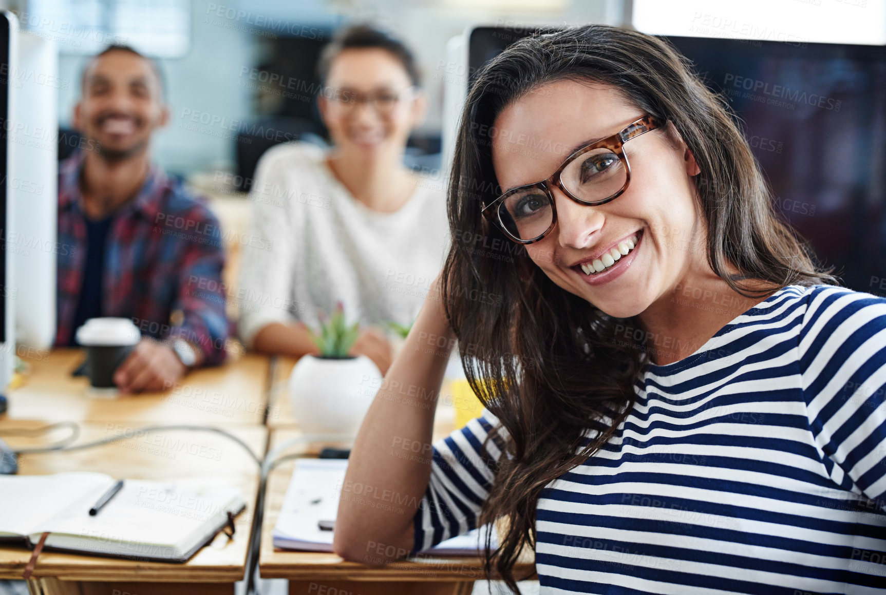 Buy stock photo Coworkers, portrait and professional in office for creative project, startup or development. Confident, smile and diverse group of people for employee, occupation or teamwork on company growth