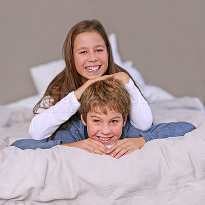 Buy stock photo Home, portrait and brother with sister, bed and smile with happiness and playful with fun. Face, siblings and boy with girl or bonding together with bedroom and cheerful with joy, morning or vacation