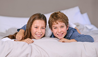 Buy stock photo Bed, portrait and brother with sister, smile and cheerful with happiness and playful with vacation. Face, siblings and boy with girl or bonding together with bedroom and home with joy, morning or fun
