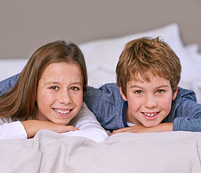 Buy stock photo Happy, portrait and brother with sister, bed and smile with holiday and children with bedroom. Face, siblings or boy with girl or bonding together with kids, home or cheerful with morning or vacation