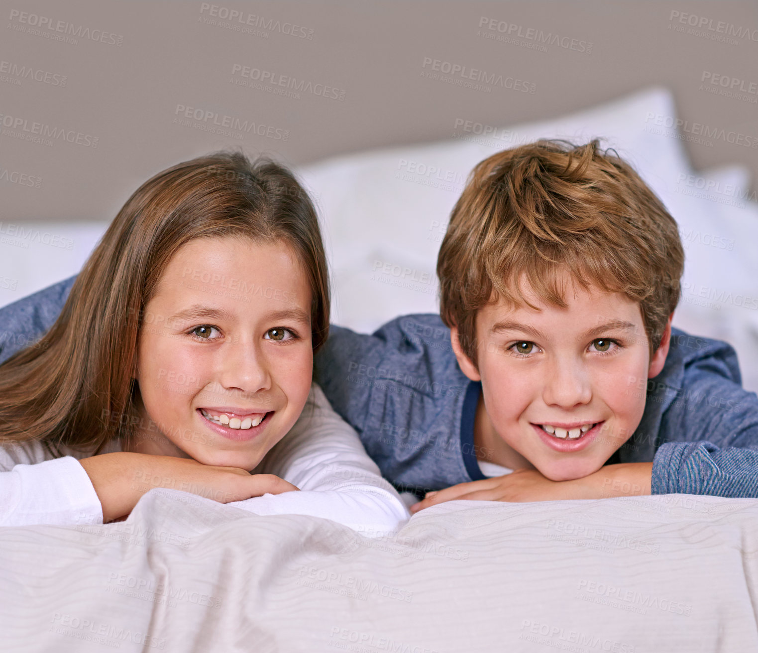 Buy stock photo Happy, portrait and brother with sister, bed and smile with holiday and children with bedroom. Face, siblings or boy with girl or bonding together with kids, home or cheerful with morning or vacation