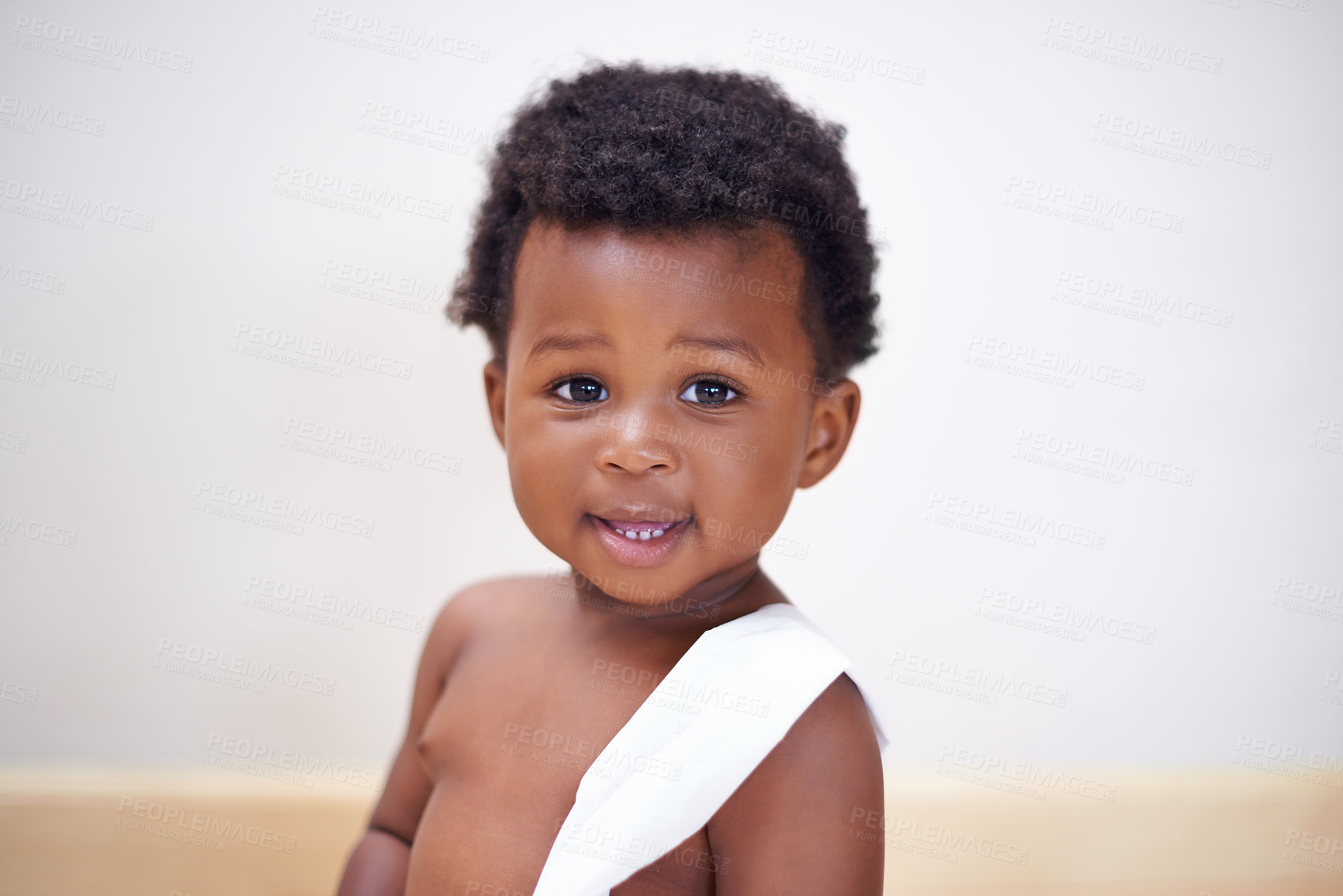 Buy stock photo Portrait of a cute baby boy playing with toilet paper at home