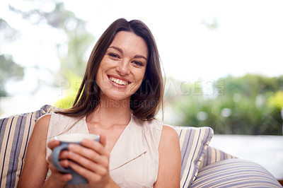 Buy stock photo Woman, home and happy in couch with tea to relax or chill on break, day off and enjoy. Portrait, female person and smile in living room on sofa with cup of coffee for peace and calm in lounge.