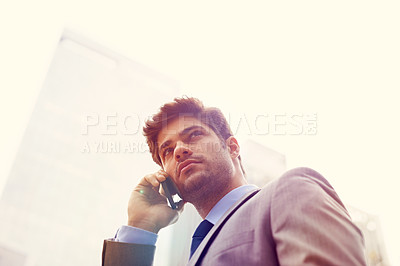 Buy stock photo Businessman, smartphone and communication in city for business, corporate and commute to work. Male person, professional and networking in cellphone with connectivity, technology and mobile for talk