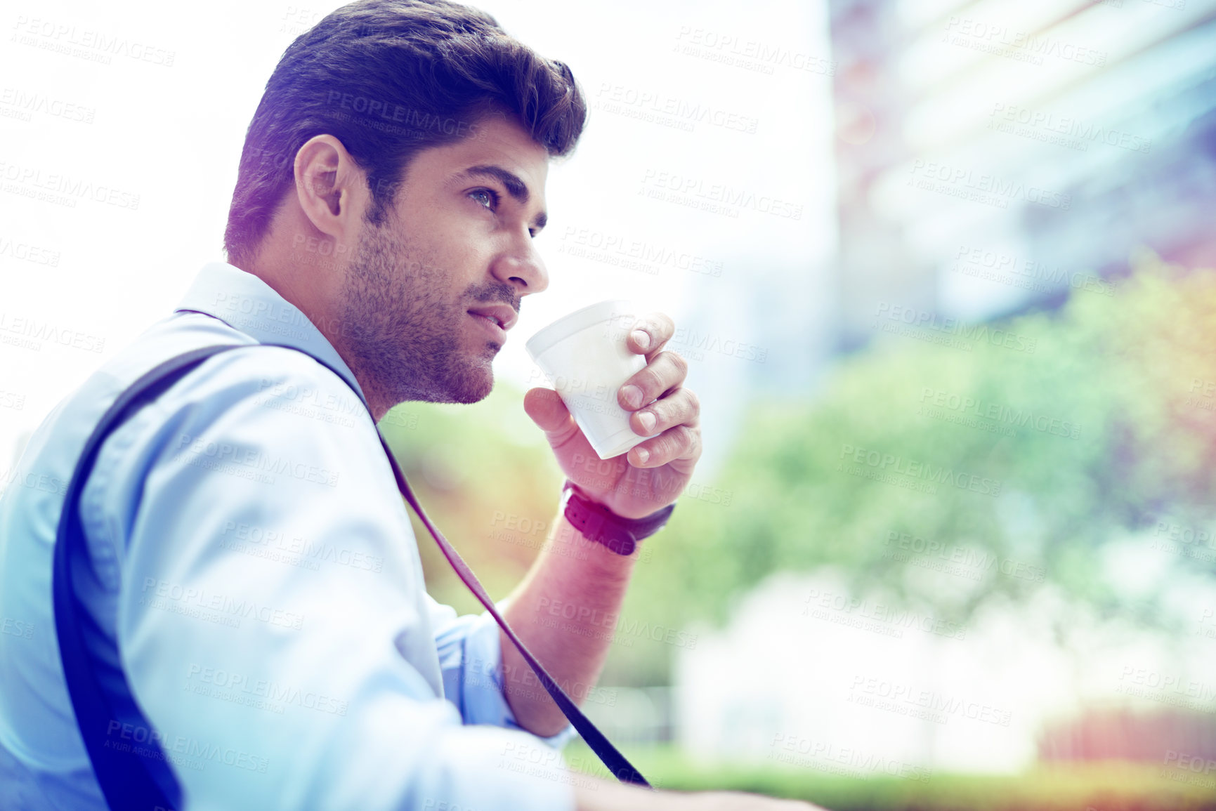 Buy stock photo Professional, businessman and coffee in city for thinking, planning and thoughts for startup project. Outdoors, cappuccino and male person drinking expresso for caffeine or energy in morning