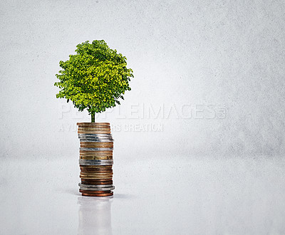 Buy stock photo Closeup, studio and tree in coins for saving, budgeting and illustration of  time value of money. Banking, change and growth of small investment, progress and profit in business by grey background