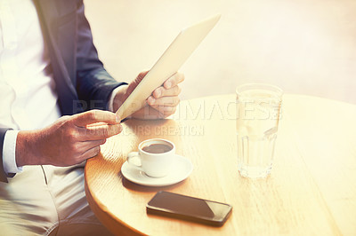 Buy stock photo Closeup, businessman or tablet to relax in coffee shop to search, browse or read email communication. Man, tech or cup to scroll, post or update of social media, web or nft blog on app at city cafe