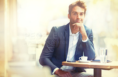 Buy stock photo Portrait, confident or businessman to relax at cafe on social media, website or online news network. Man, smile or business attire to rest at coffeeshop on blog, web or app to download email message