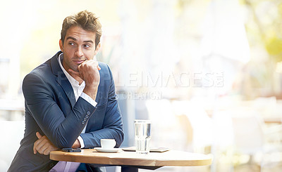 Buy stock photo Business man, cafe and thinking or ideas for investment, profit and waiting in a restaurant with mockup space. Corporate worker, person or accountant with inspiration and goals at a coffee shop