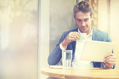 Buy stock photo Glass, tablet and businessman at coffee shop, cafe and restaurant for break, espresso and tea to relax from work. Male person, table and technology for communication, email and internet for digital