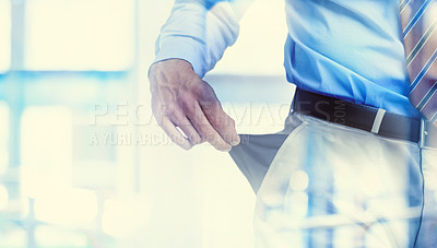 Buy stock photo Empty, pocket and closeup of hand on pants with overlay looking for money, cash or coins. Classy suit, sack and professional male person searching in formal or elegant trousers in the office.