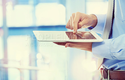 Buy stock photo Businessman, hand and tablet with screen in office for communication, networking and work research. Entrepreneur, professional and person with technology or touchscreen for planning and internet