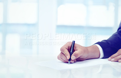 Buy stock photo Hand, pen and paper to sign, contract and document for compliance, accounting and legal business. Businessperson, write or complete of application on form for corporate, company and deal at desk