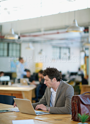 Buy stock photo Professional, businessman and employee in office, laptop and planning with technology on desk . Corporate, company and male person as worker or staff of startup and research for copywriting project