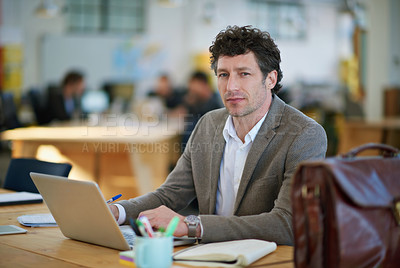 Buy stock photo Laptop, portrait and man writing for sales, notebook and startup of business and company. Workplace, bookkeeper and male person working with technology, online and internet in corporate office