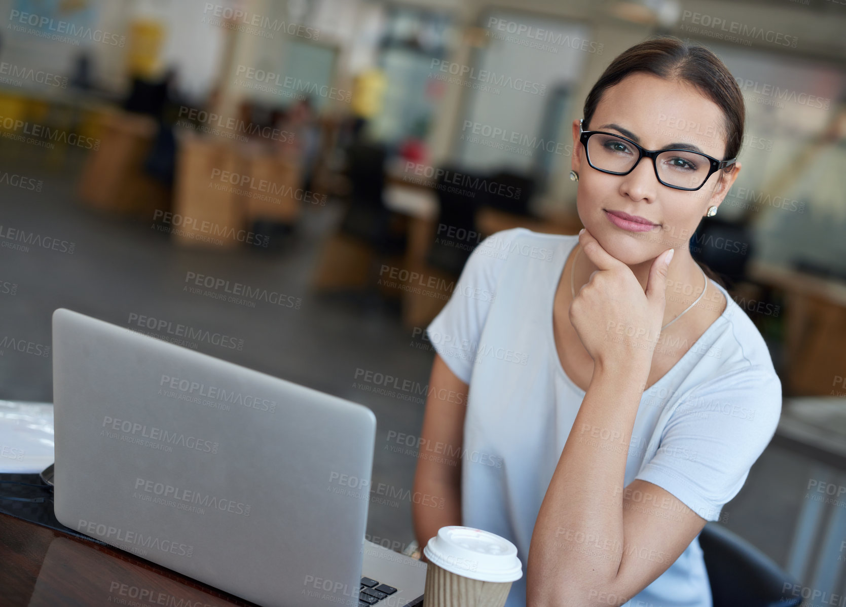 Buy stock photo Woman, office and laptop with idea, thinking and professional startup for creative agency. Entrepreneur, technology and business with portrait, web design and online connectivity for career or job