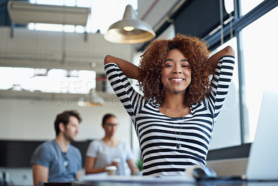 Buy stock photo Black woman, relax at desk and portrait with stretching, progress and productivity with tasks at startup. Graphic designer with happiness, deadline and break at office, done or complete with smile
