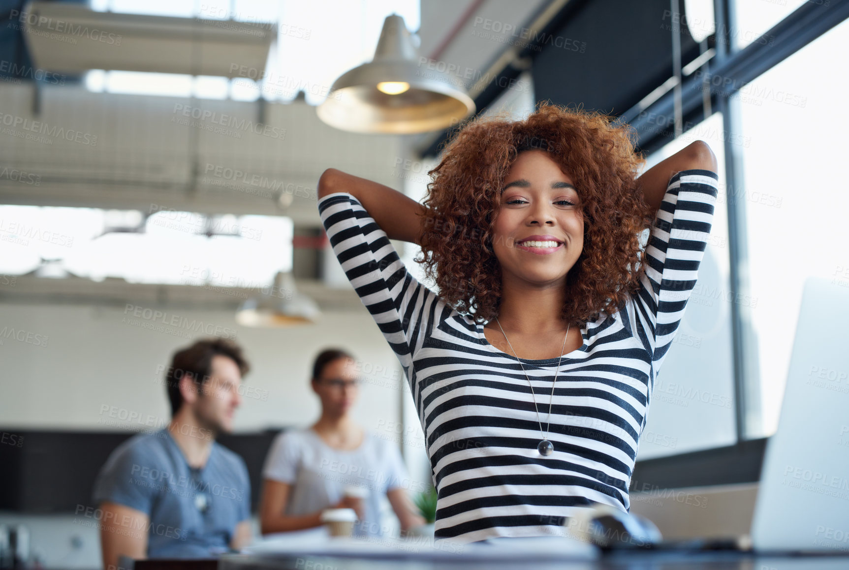 Buy stock photo Black woman, relax at desk and portrait with stretching, progress and productivity with tasks at startup. Graphic designer with happiness, deadline and break at office, done or complete with smile