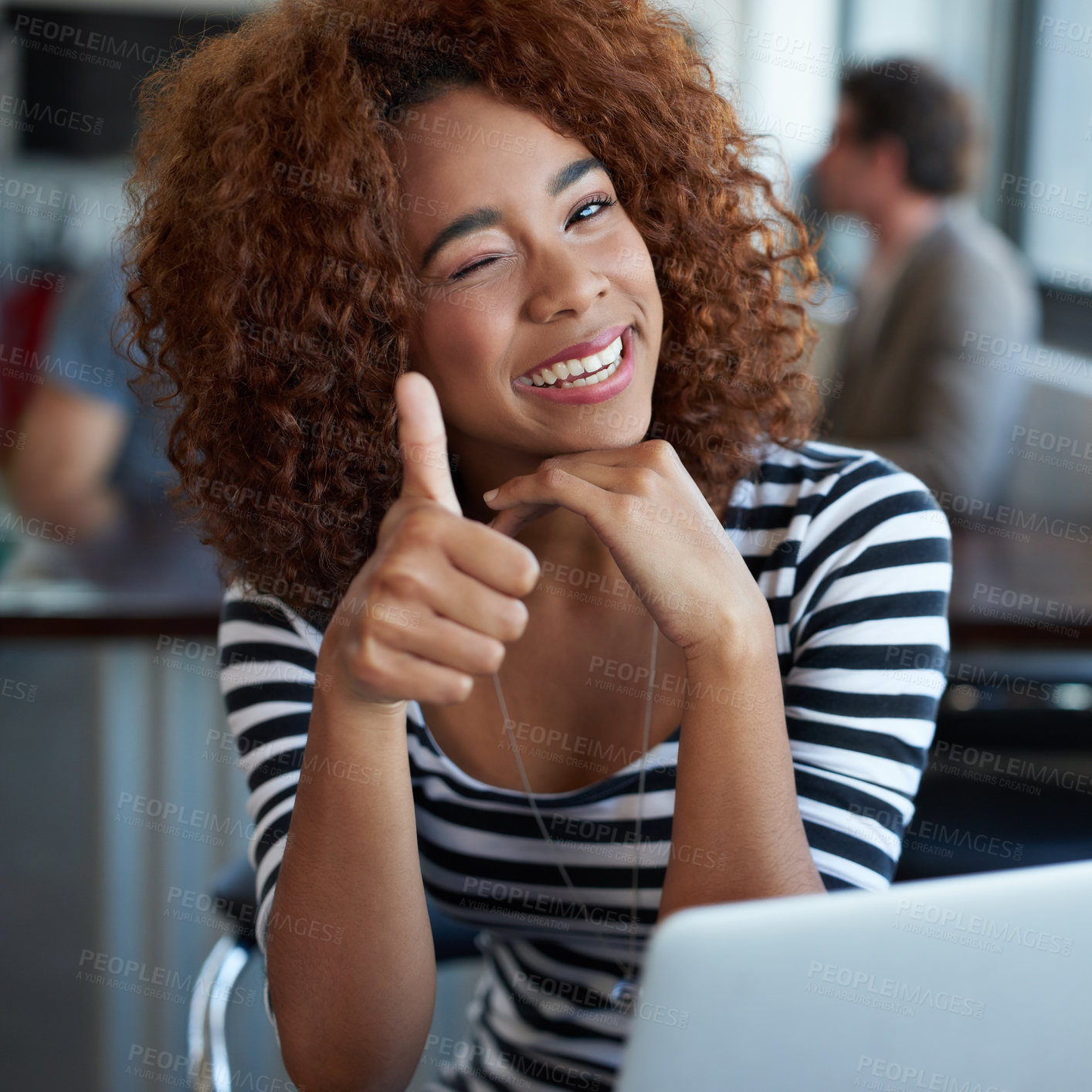 Buy stock photo Portrait, thumbs up and black woman with laptop in office, workspace or working in creative career. Female person, internship and journalist for magazine, newspaper or online publication with ok sign