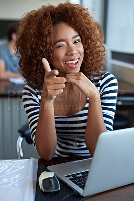 Buy stock photo Portrait, happy and black woman pointing with laptop in office, workspace and confident in creative career. Female person, internship and journalist for magazine, newspaper and online publication