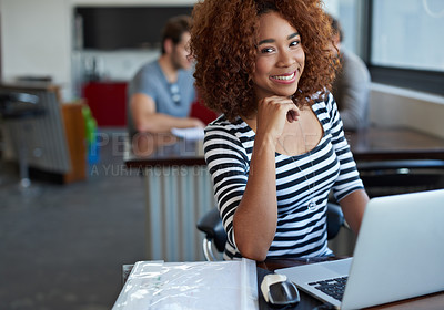 Buy stock photo Happy, confident and portrait of black woman with laptop in office, workspace and staff in creative career. Female person, internship and journalist for magazine, newspaper and online publication