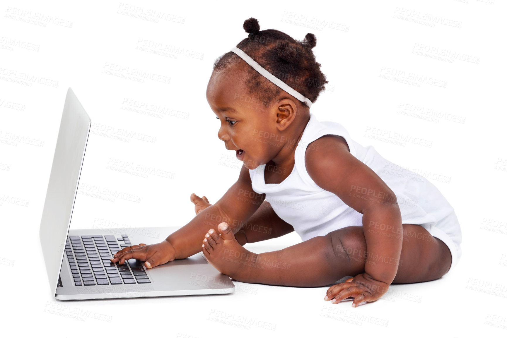 Buy stock photo African baby in studio with laptop on white background for learning, development or growth or milestones with computer. Girl, backdrop or technology, curious or childhood education or formation