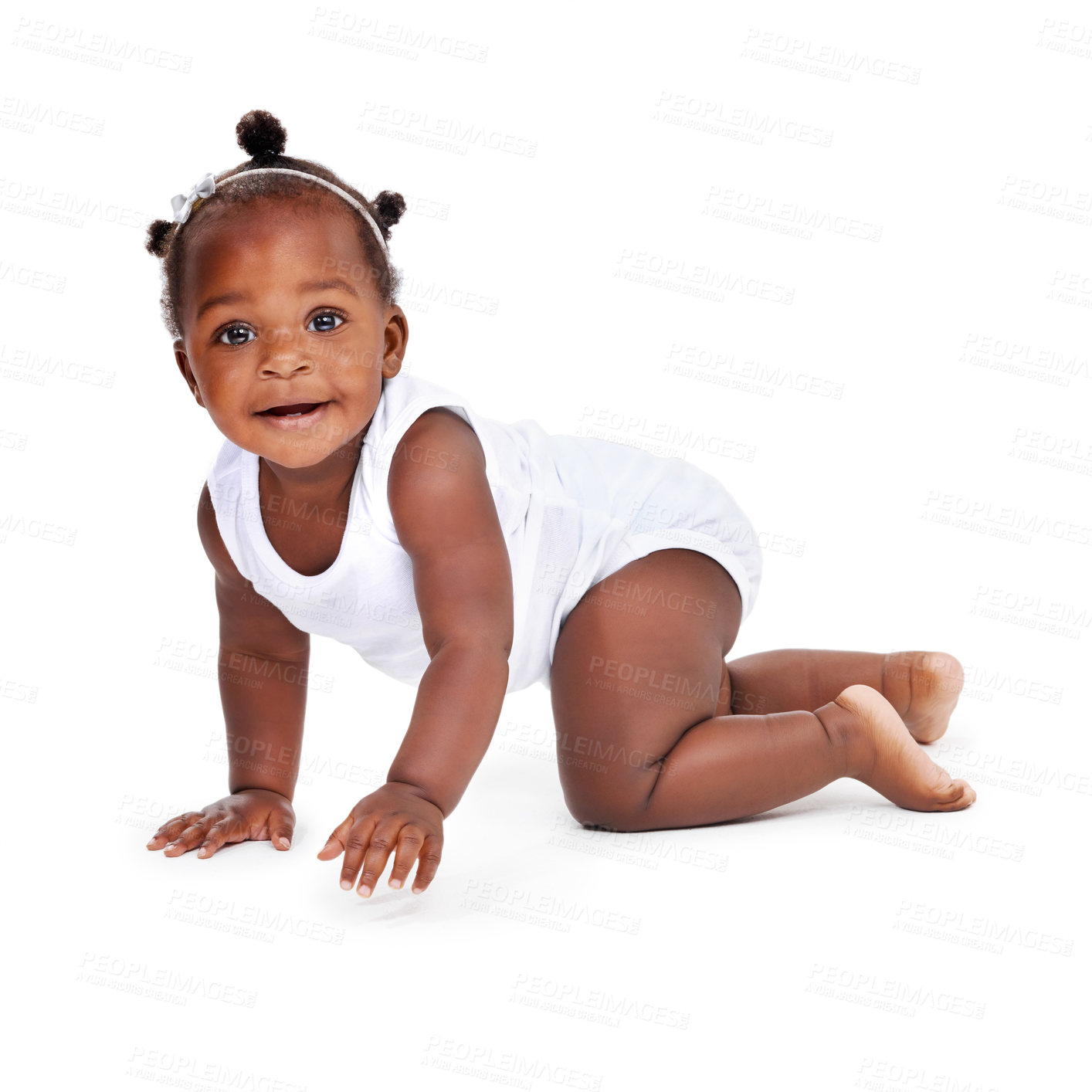 Buy stock photo Smile, portrait and African girl baby isolated on white background with playful happiness, crawling and growth. Learning to crawl, play and development, happy face of black child on studio backdrop.