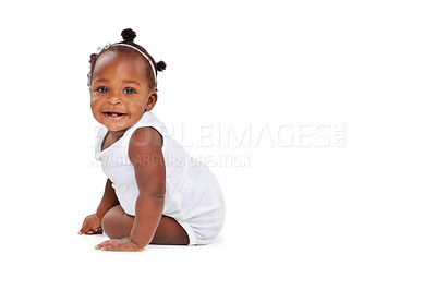 Buy stock photo Smile, portrait and African girl baby with mockup isolated on white background with playful happiness and growth. Learning, playing and sitting, happy face of black child on studio backdrop and space